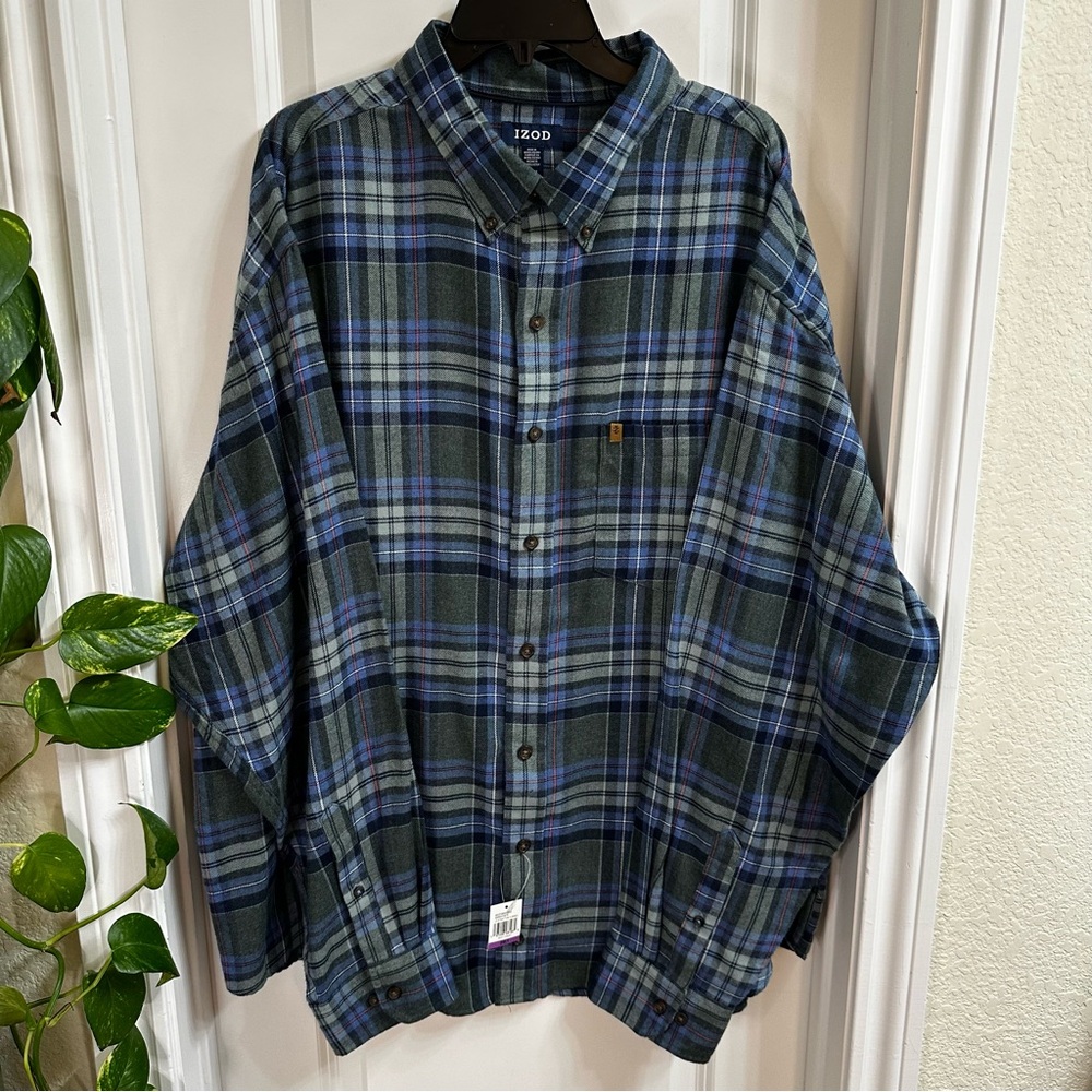 NWT- Men's Izod Plaid Cotton Blend Flannel Shirt in Blue, Green & Red Size 2XL